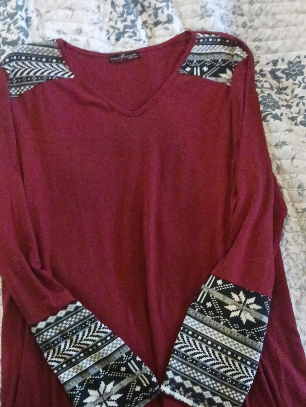 Women’s Burgundy Long Sleeve Top with Patterned Shoulder & Cuff Trim